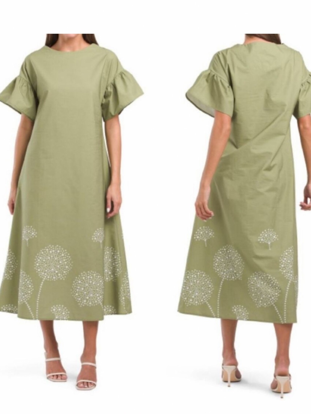 Olive Green Midi Dress with White Floral Puff Hem